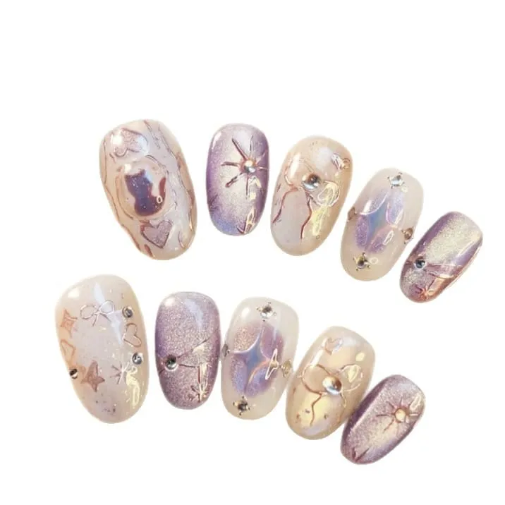 Nailhour 10Pcs French Purple Cat Eye Rhinestone Medium Oval Press On Nails