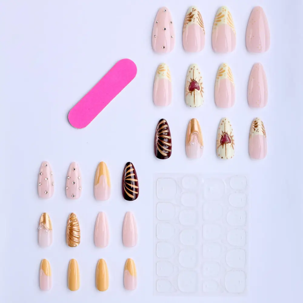 Nailhour 24Pcs French 3D Gilded Medium Almond Press On Nails