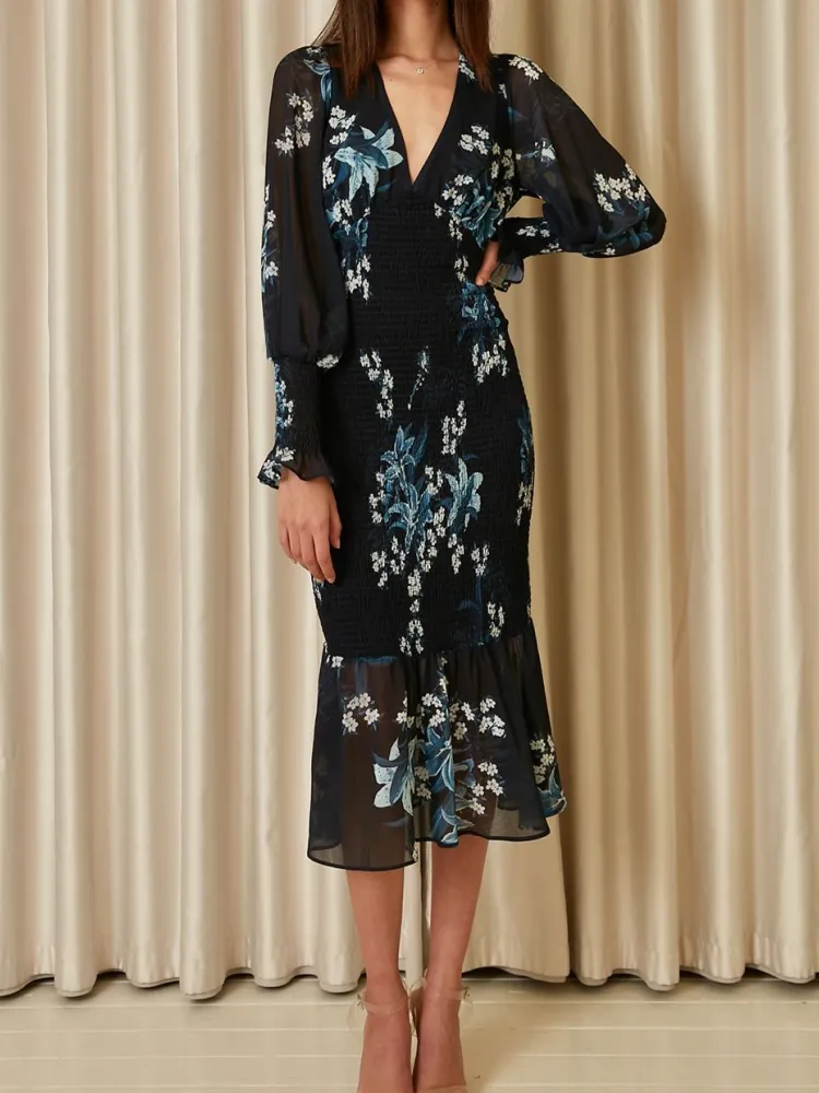 Tied Back Floral V-Neck Dress