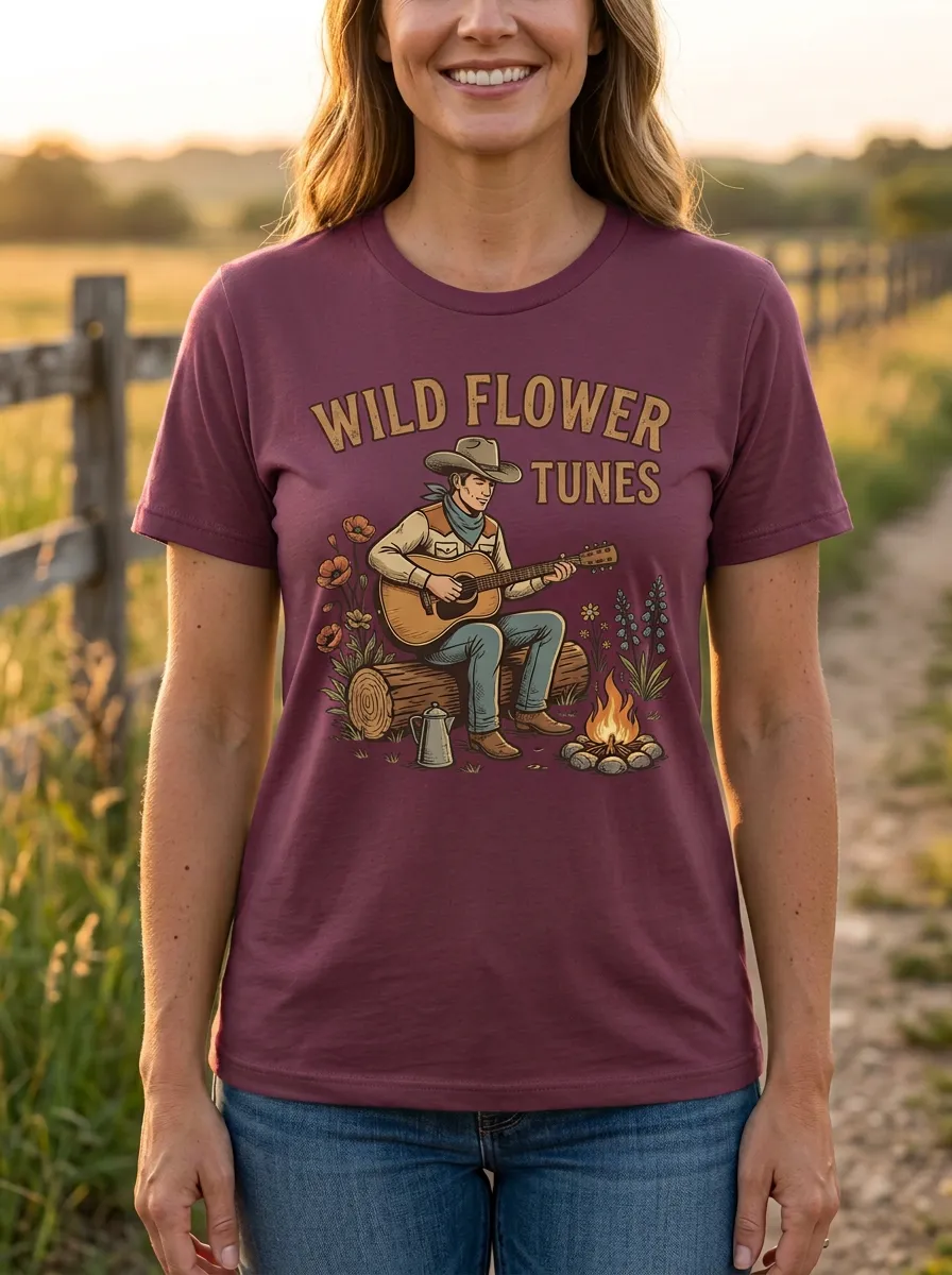 Western-Inspired Guitar Campfire Women's Country Music Crew-Neck T-Shirt