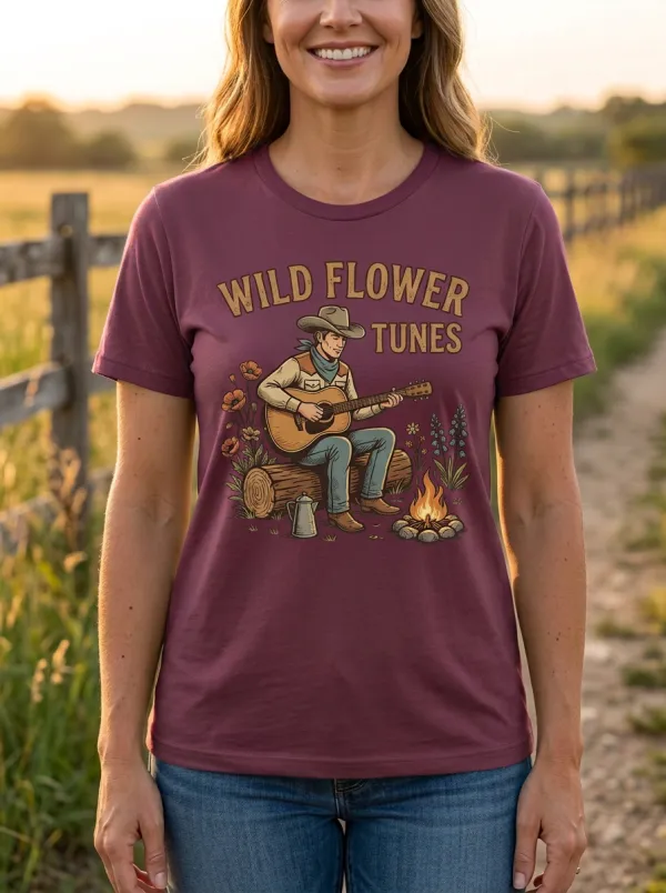 Western-Inspired Guitar Campfire Women's Country Music Crew-Neck T-Shirt