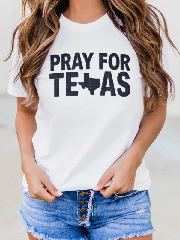 Ladies PPRY FOR TEXAS Simple Letter Print Round Neck Shirt