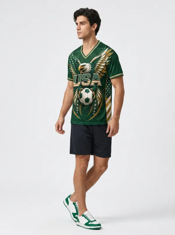 Men's USA Soccer Fan Eagle Flag Printed V-Neck T-Shirt