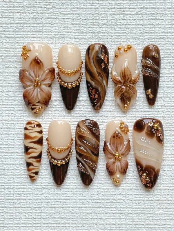 Nailhour 10pcs Handmade French Gradient Brown Flower 3D Press On Nails