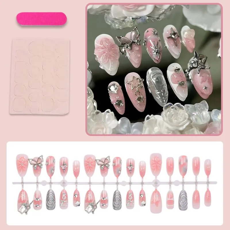 Nailhour 30Pcs Star Butterfly 3D Medium Almond French Press On Nails