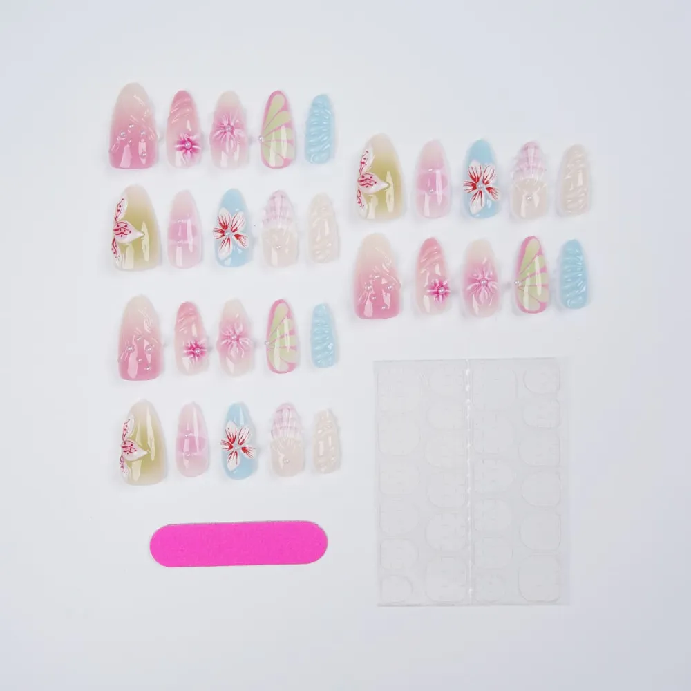 Nailhour 30Pcs Pearl 3D Medium Almond Gradient French Press On Nails