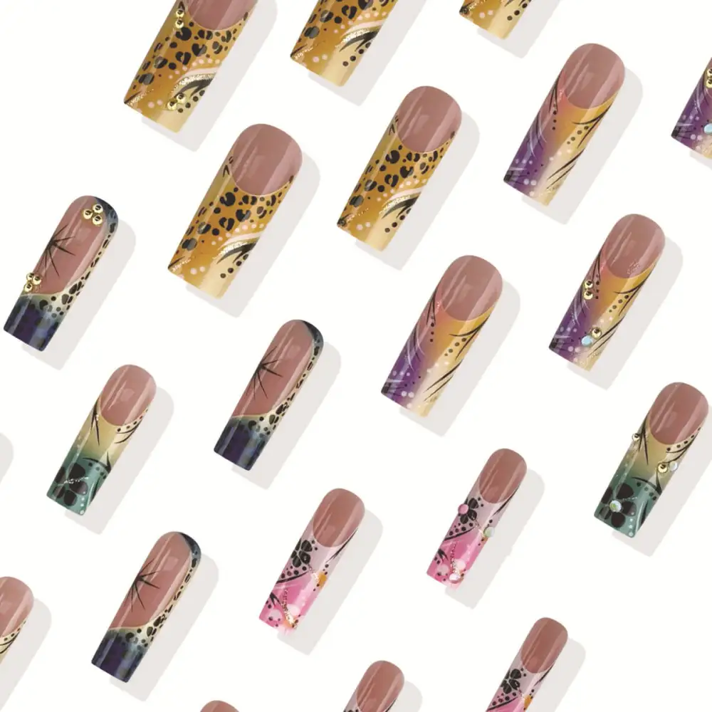 Nailhour 24Pcs French Long Square Wild Cheetah Print Press On Nails