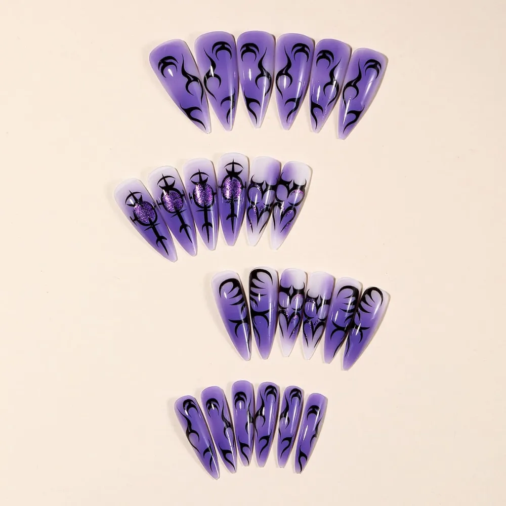 Nailhour 24Pcs Purple Gradient Glitter Long Stiletto French Press On Nails