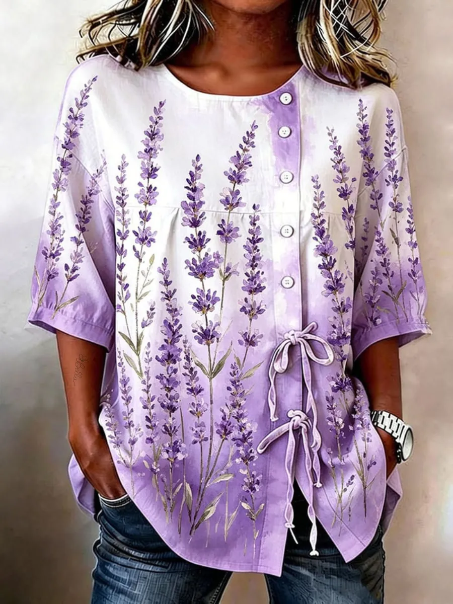 Women's Casual Purple Art Faith Cotton and Linen Shirt