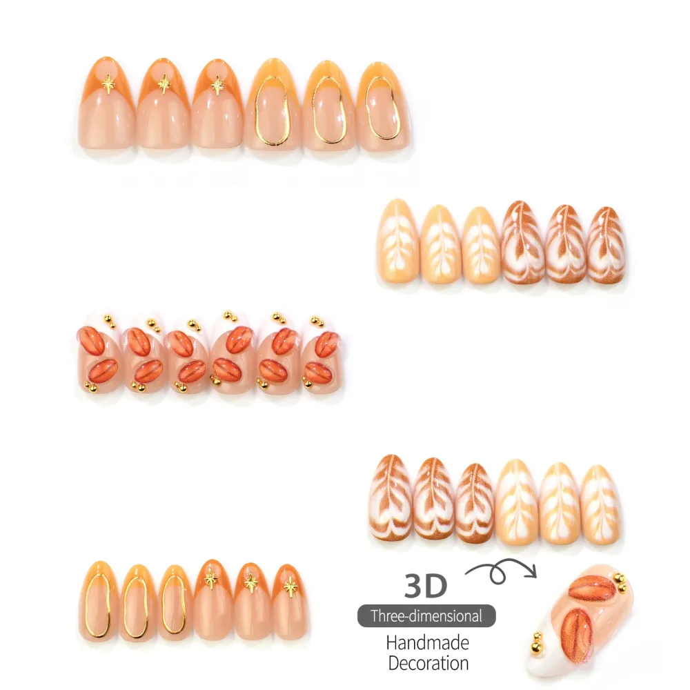 Nailhour 30Pcs 3D Coffee Beans Medium Almond French Press On Nails