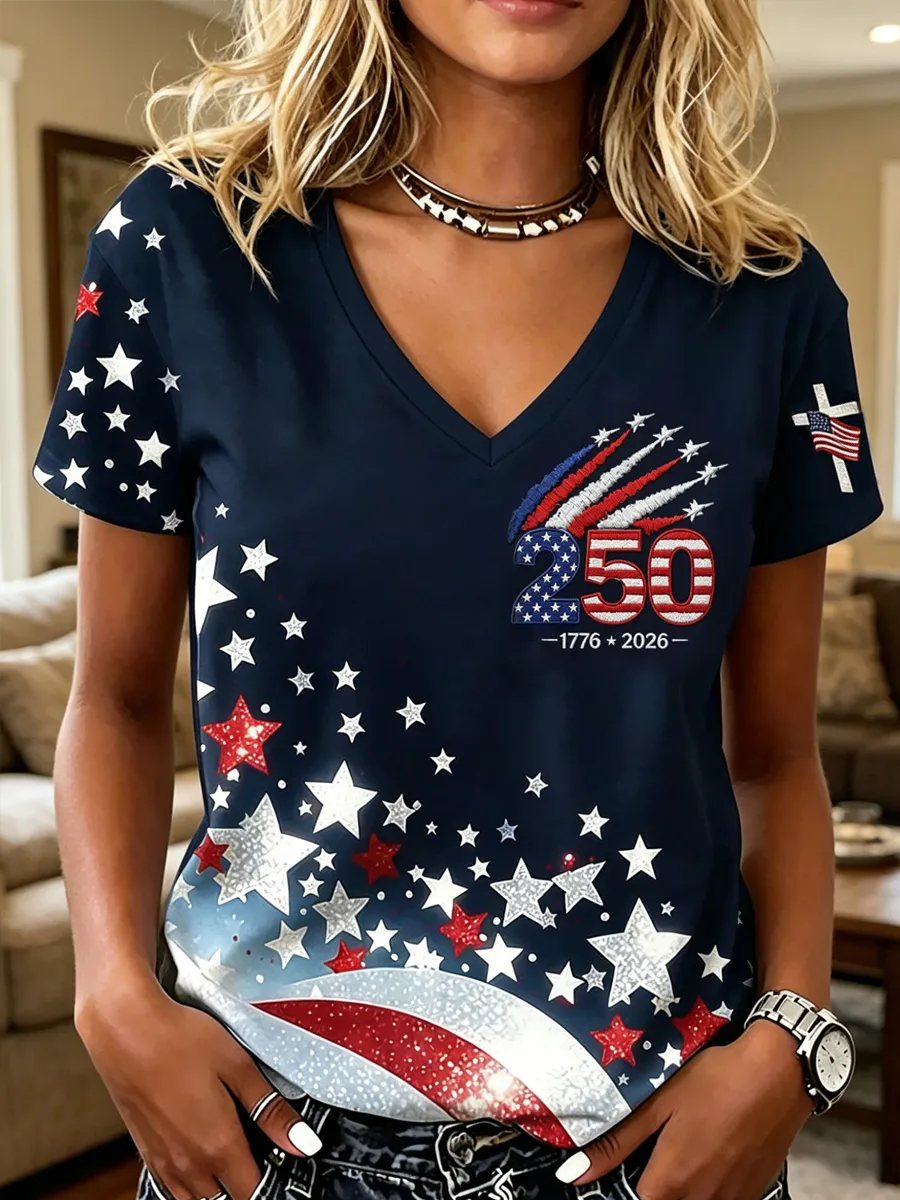 Women's Casual USA 250th Celebration Print Short Sleeve T-shirt