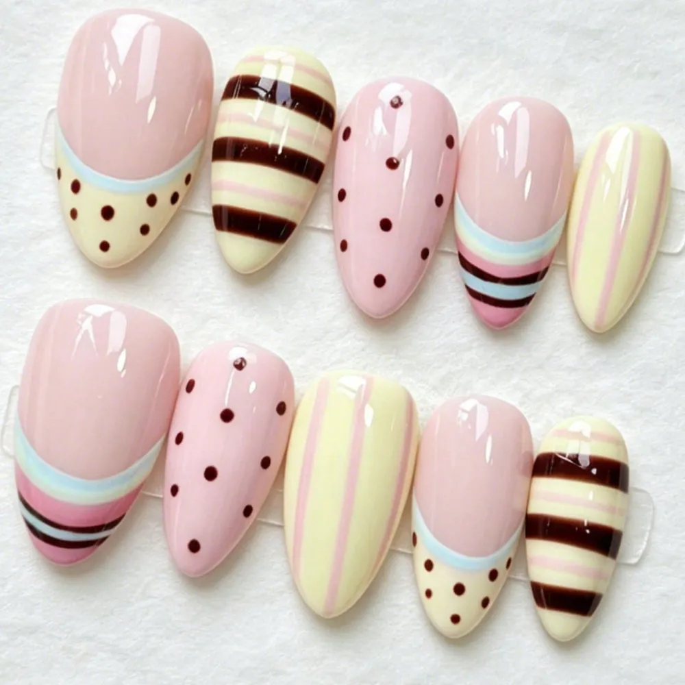 Nailhour 10Pcs Handmade Pink Summer Medium Almond Press On Nails