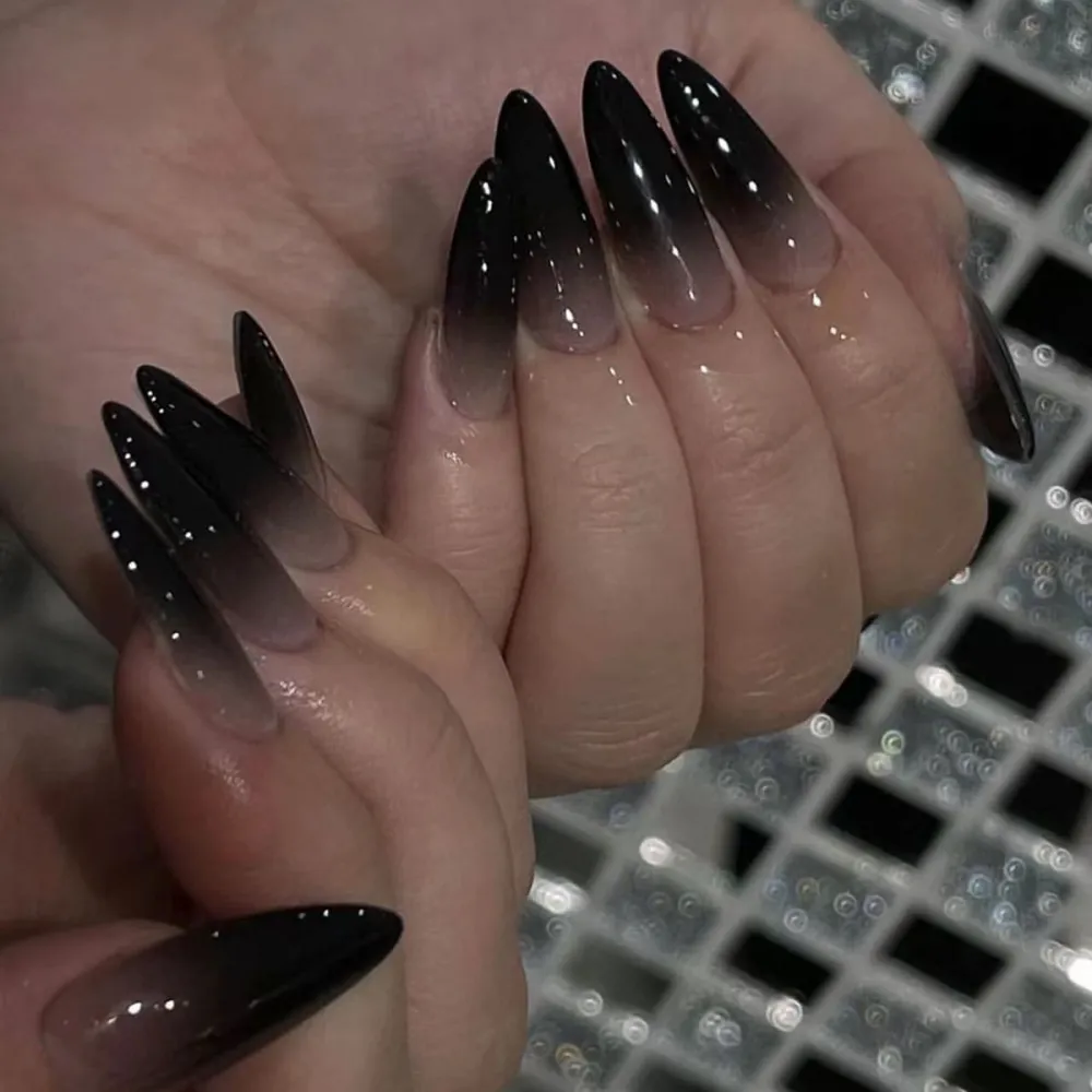 Nailhour 24Pcs Black Gradient Medium Almond French Press On Nails