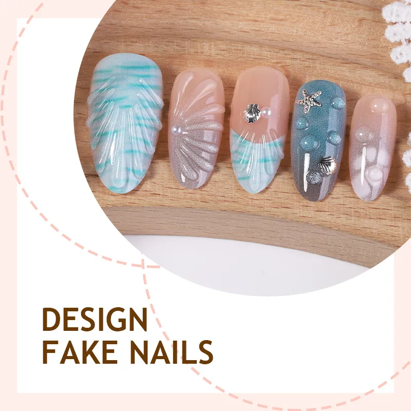 Nailhour 30Pcs 3D Seashell Starfish Medium Almond Press On Nails