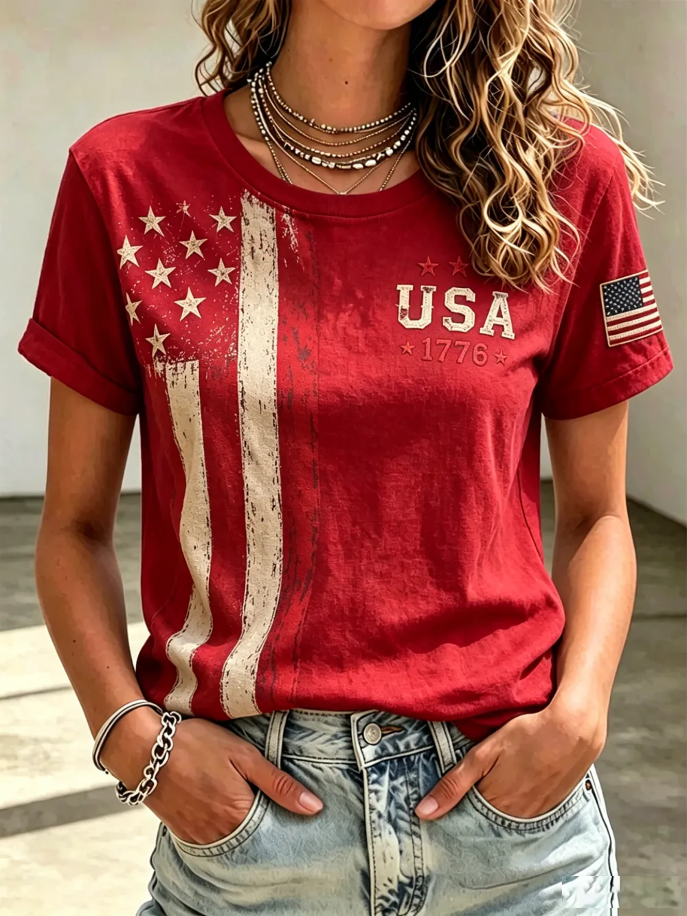 Ladies' Casual American 250Th Anniversary Commemorative Round Neck Short Sleeved T-Shirt