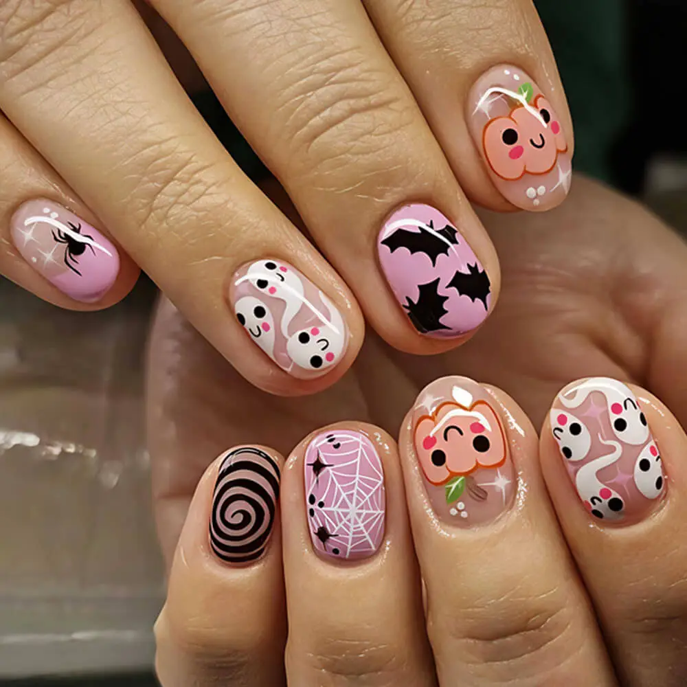Nailhour 24Pcs Halloween Short Square Pink PumpkinPress On Nails