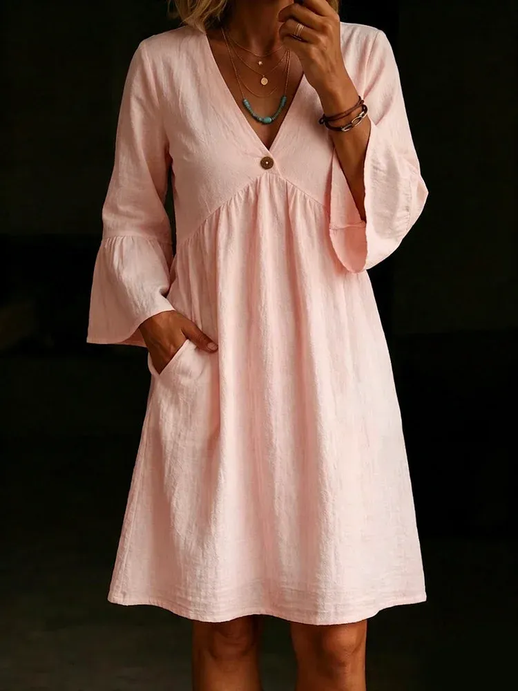 Ladies' Casual Daily Cotton And Linen V-Neck Patchwork Long Sleeved Jumpsuit Half Skirt