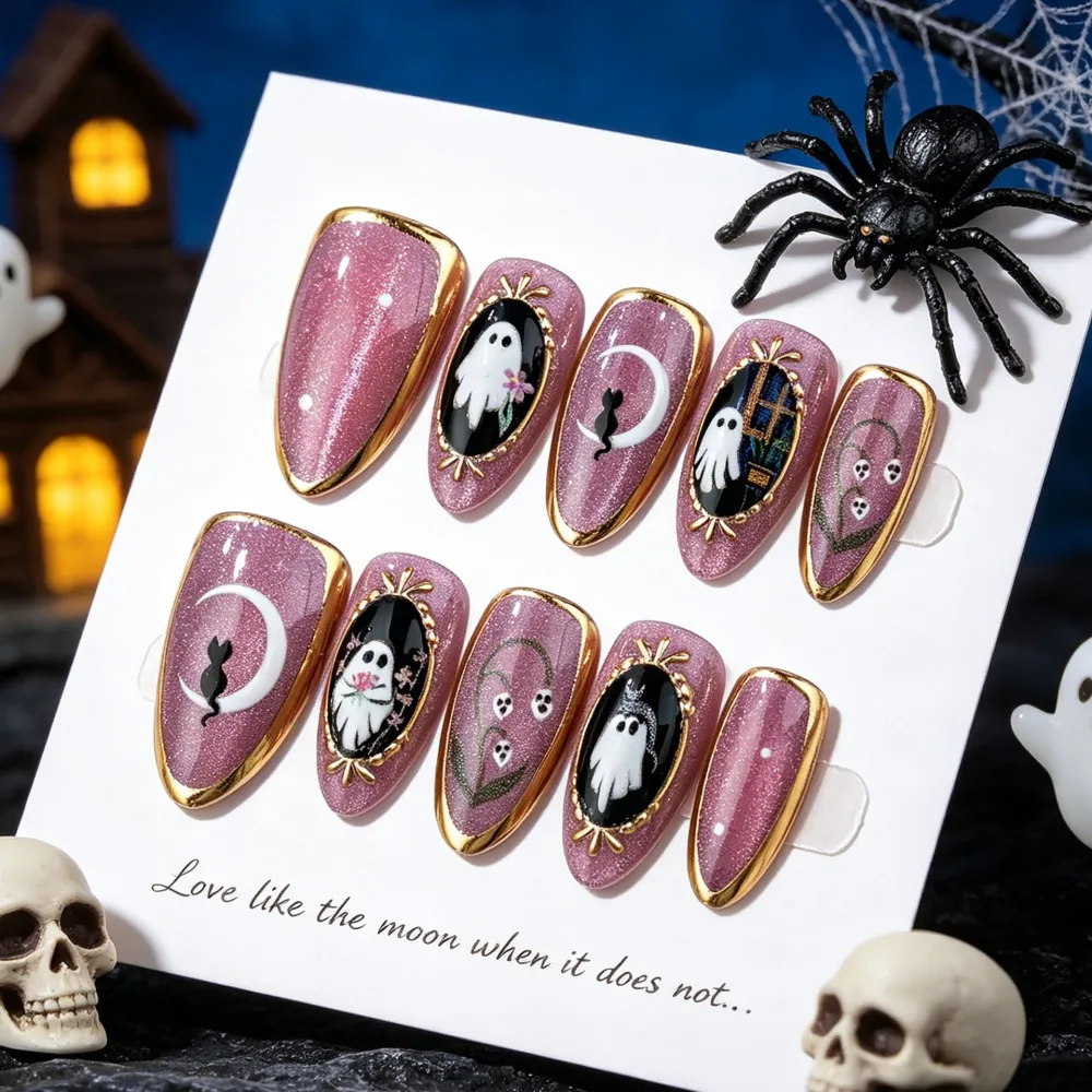 Nailhour 30Pcs Purple Ghost Gilded Halloween Medium Almond Press On Nails