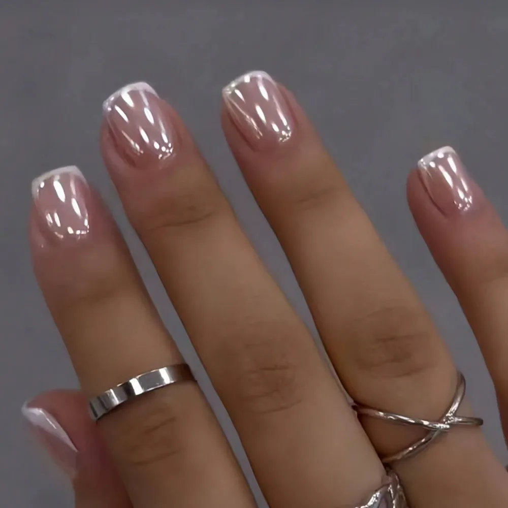Nailhour 24Pcs Short Square French Light Pink Pearlescen Press On Nails