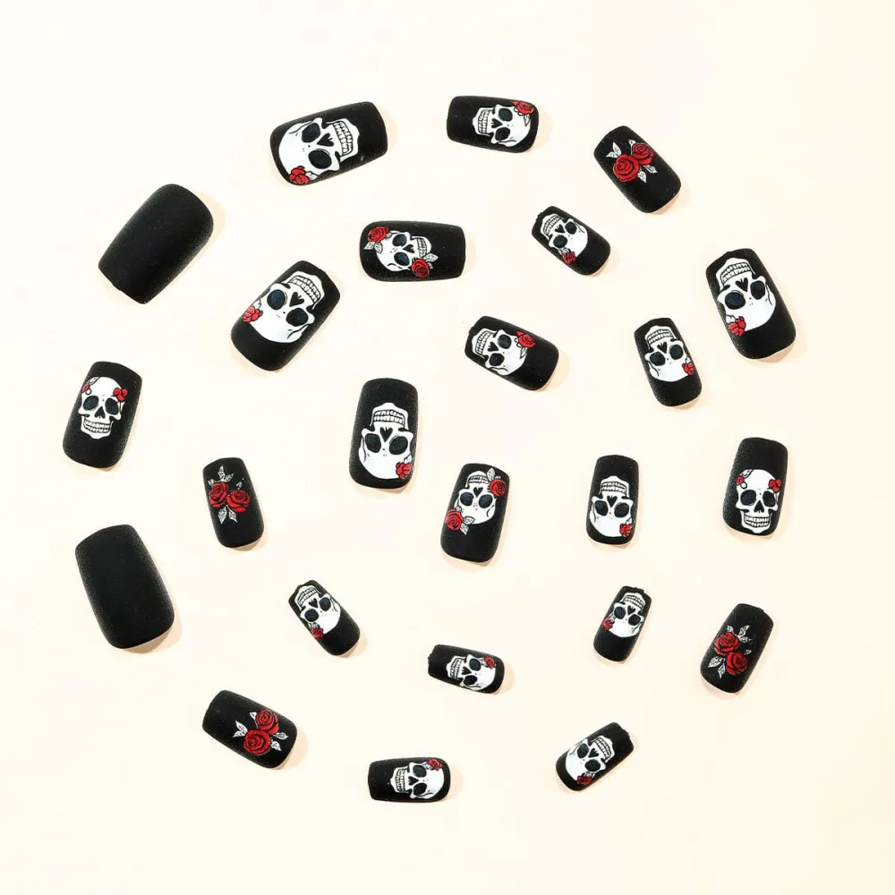 Nailhour 24Pcs Black Matte Skeleton Halloween Short Squoval Press On Nails