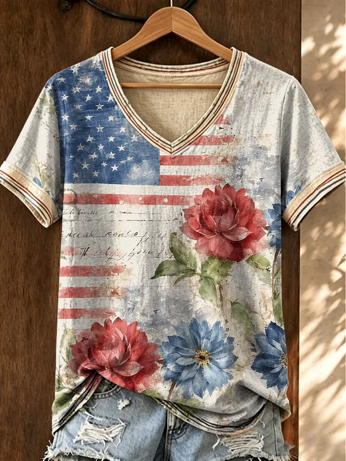 Women's Casual Retro Patriotic T-shirt