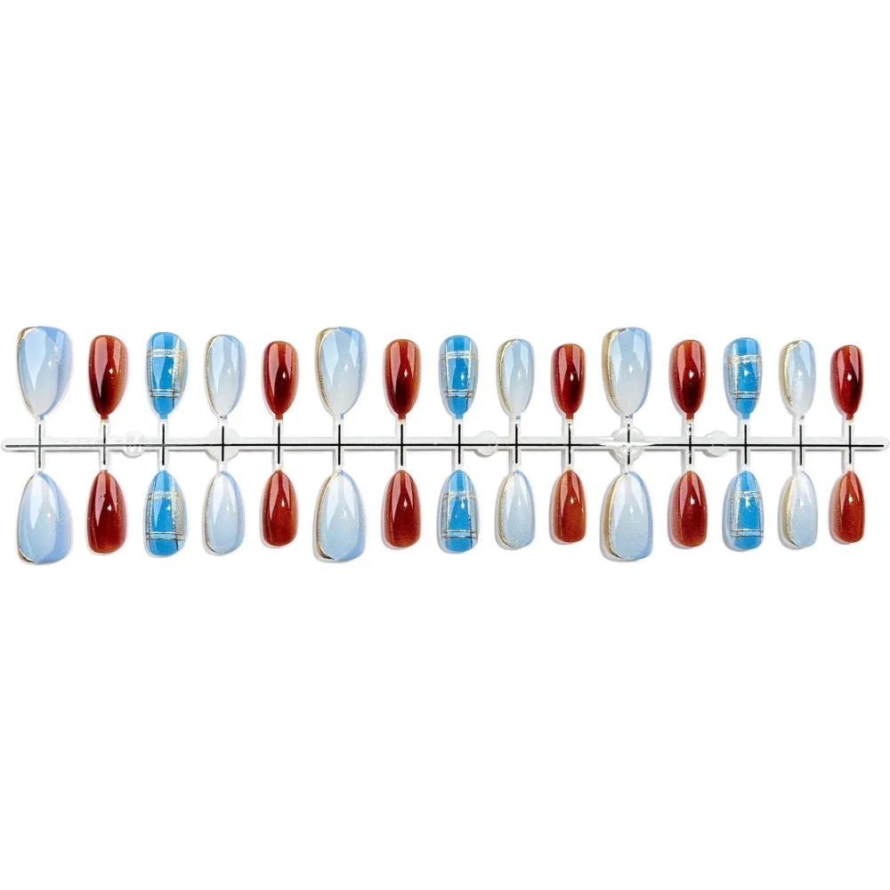 Nailhour 30Pcs Gradient Medium Almond Blue French Press On Nails