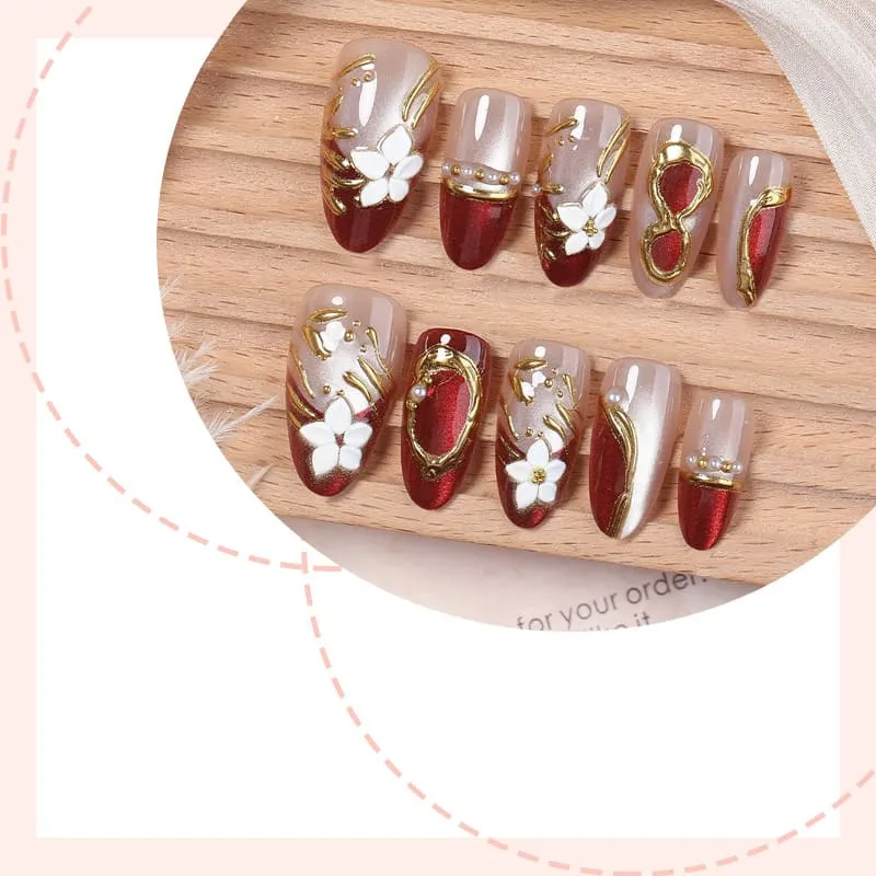 Nailhour 30Pcs Floral 3D Red Gilded Short Almond Press On Nails