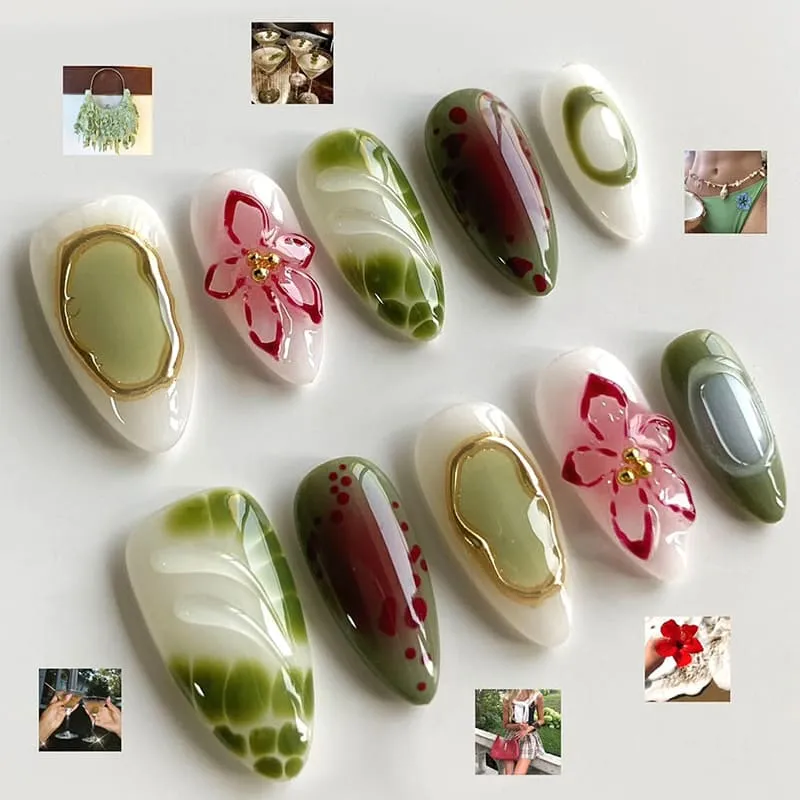 Nailhour 30Pcs Green Floral 3D Gilded Medium Almond French Press On Nails