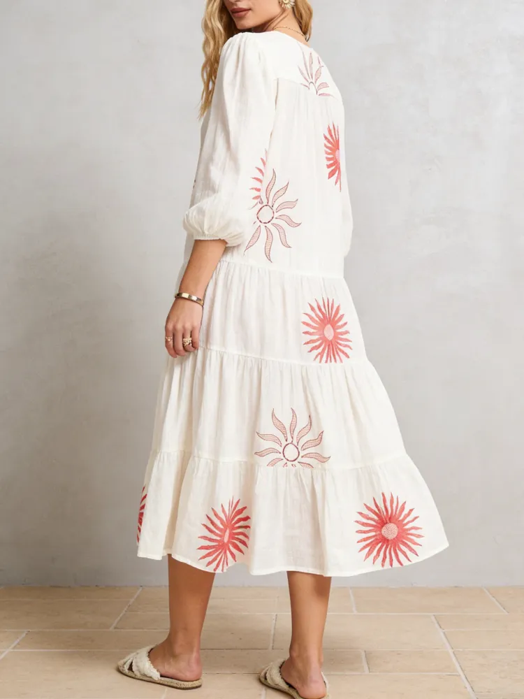 Tiered Sun Print V-Neck Dress