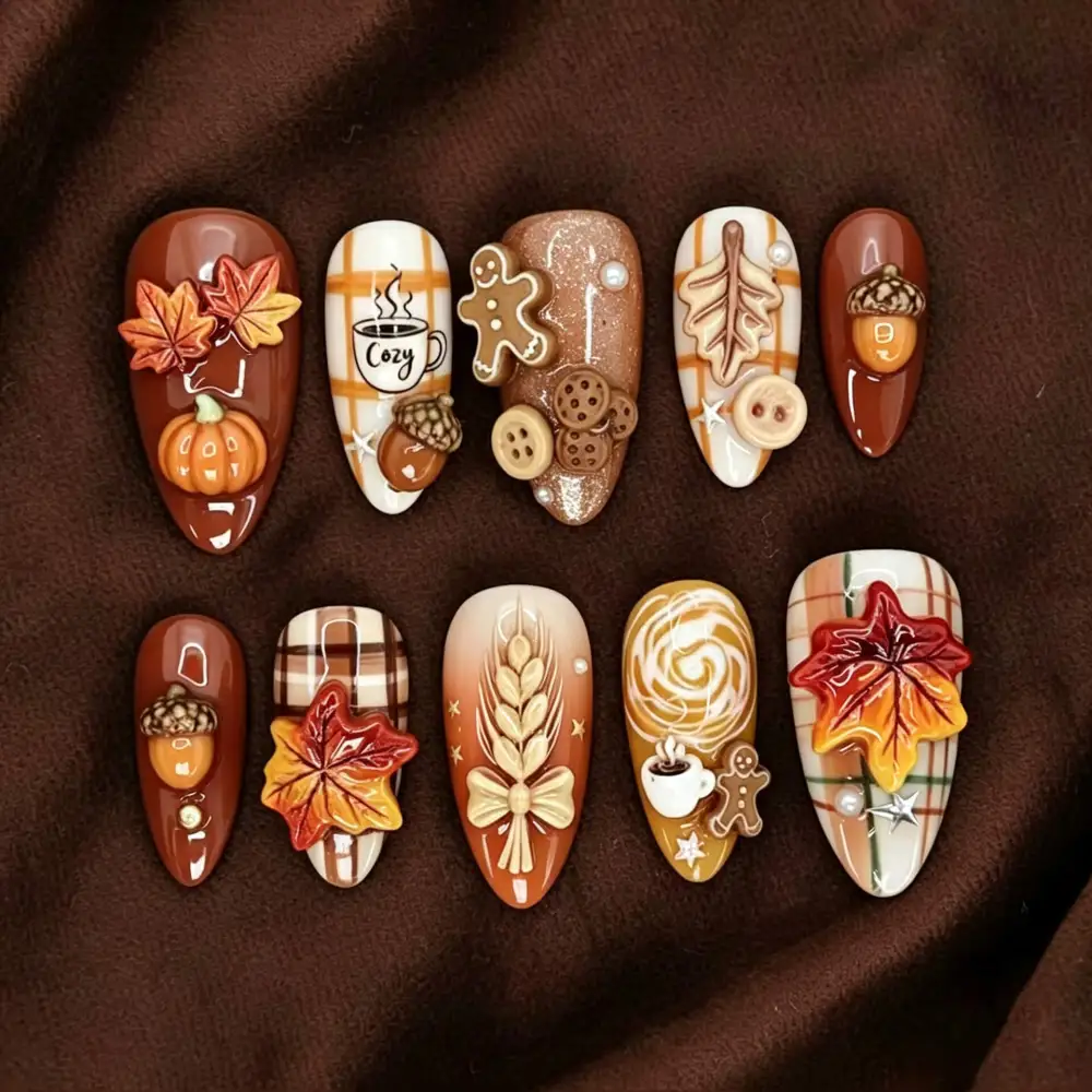 Nailhour 30Pcs Vintage 3D Rhinestone Medium Almond Press On Nails