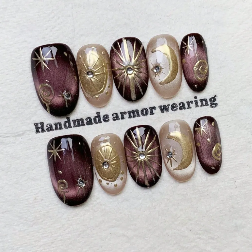 Nailhour 10Pcs Purple Gilded Cat Eye Handmade Medium Oval Press On Nails