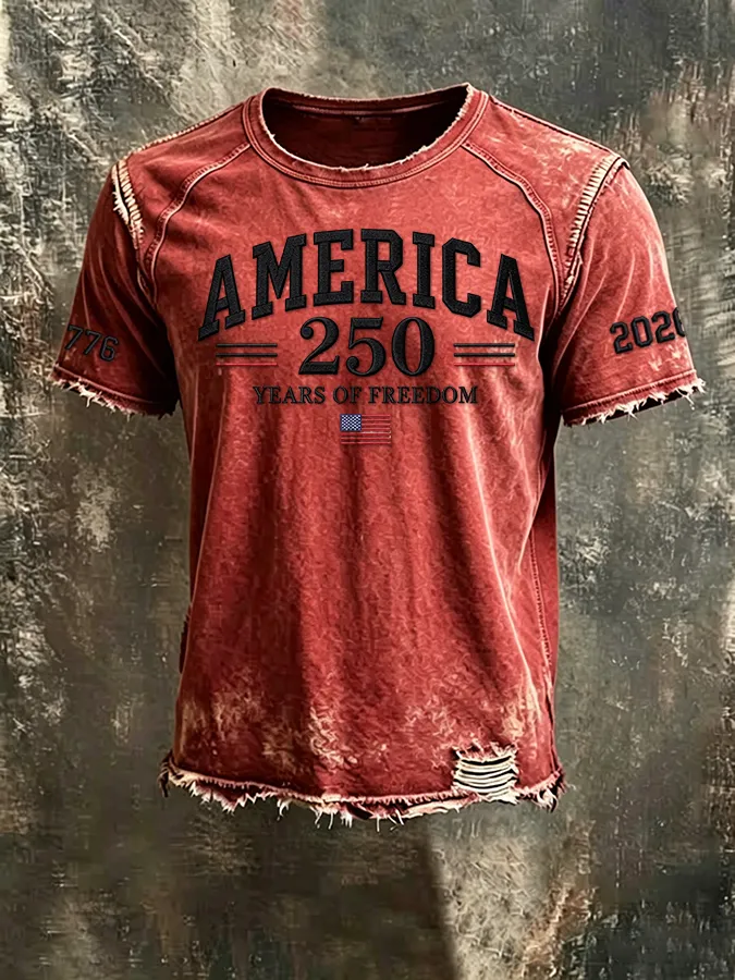 Men'S 250th Anniversary  Casual Washed Cotton And Linen Raglan Short Sleeved T-Shirt
