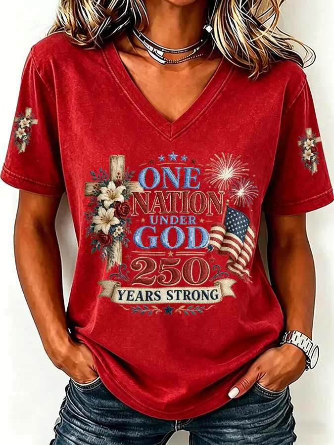 Women'S America Flag Print Casual V-Neck T-Shirt