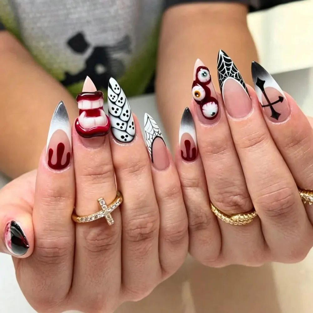 Nailhour 30Pcs Halloween 3D Chrome Long Almond Press On Nails