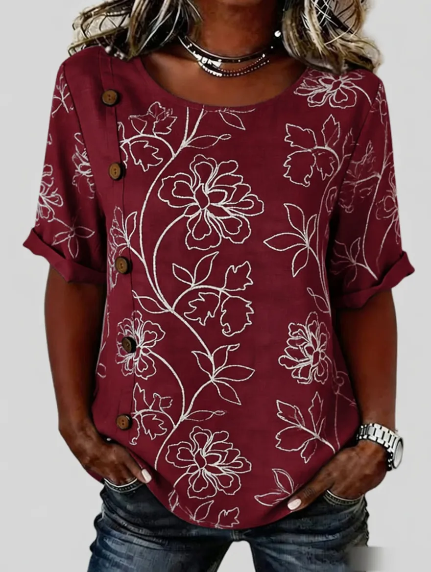 Women'S Button Design Casual Floral Art Short Sleeved Shirt