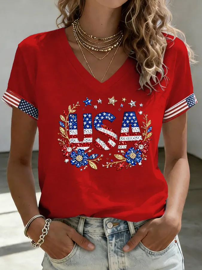 Women's Flower Independence Day Printed Casual T-shirt