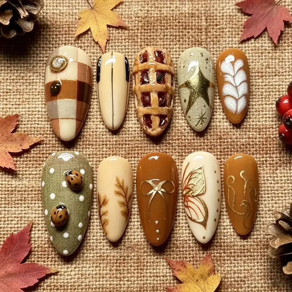 Nailhour 30Pcs Brown 3D Vintage Medium Almond Press On Nails