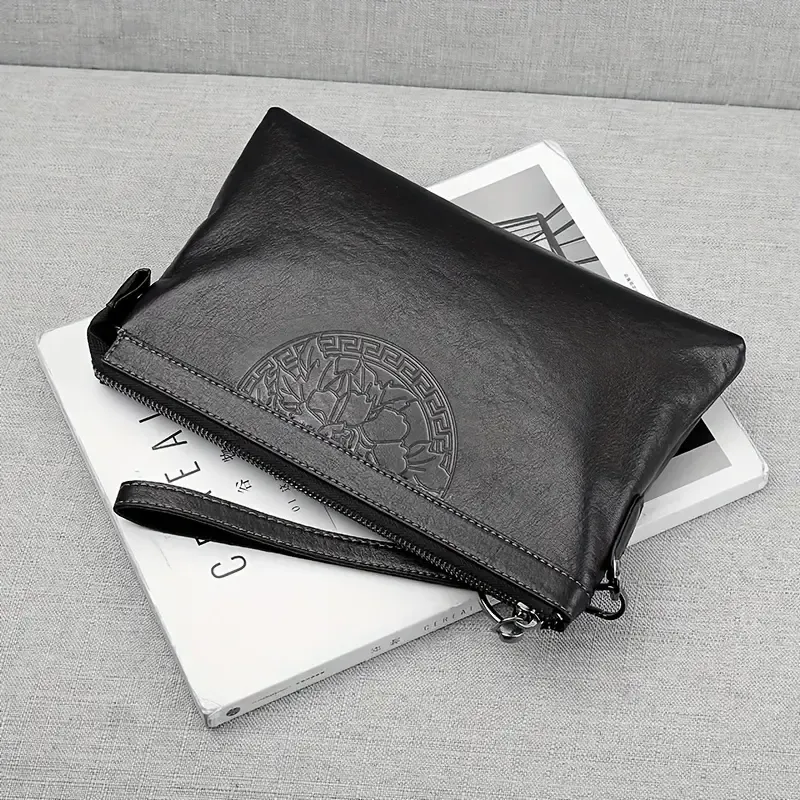 Black Men Embossed Pattern Zipper Handbag