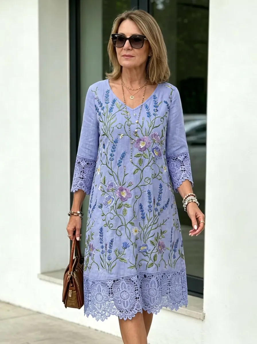 Women's Summer Vacation Lavender Floral Embroidered Lace Trimmed Dress