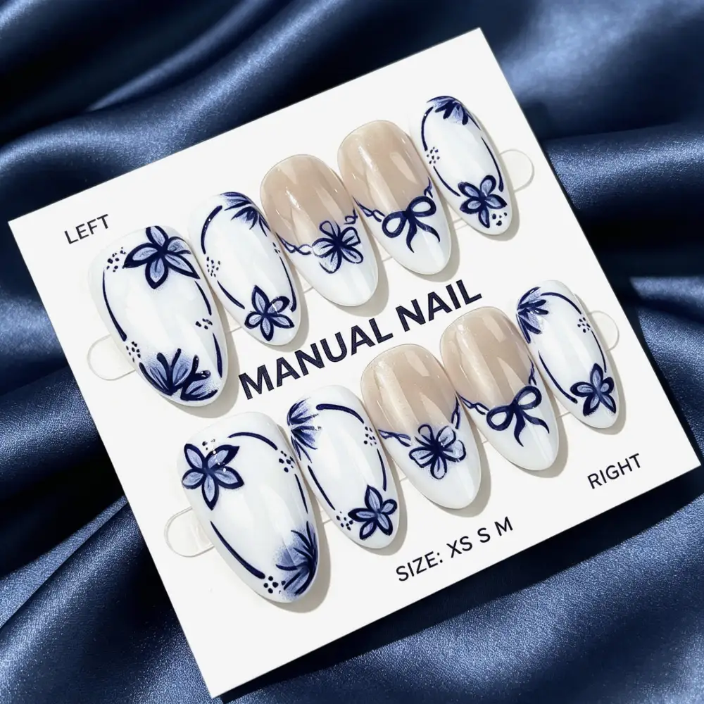 Nailhour 30Pcs White Vintage Medium Almond Press On Nails