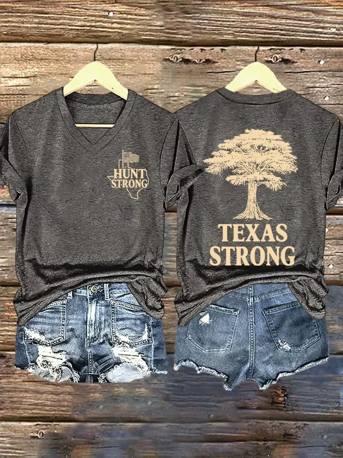 V Neck Retro Texas Strong Hunt Strong Print T-Shirt
