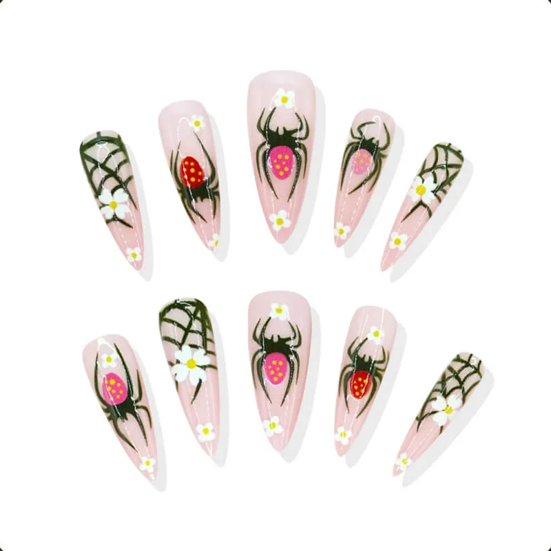 Nailhour 24Pcs Halloween 3D Long Almond Spider Motif Press On Nails