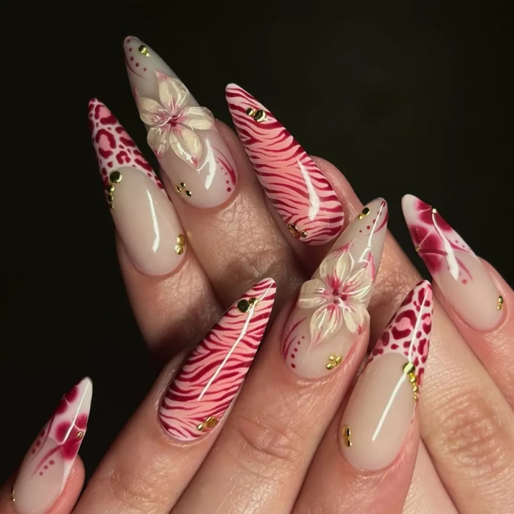 Nailhour 24Pcs Pink Leopard Print Medium Almond French Press On Nails