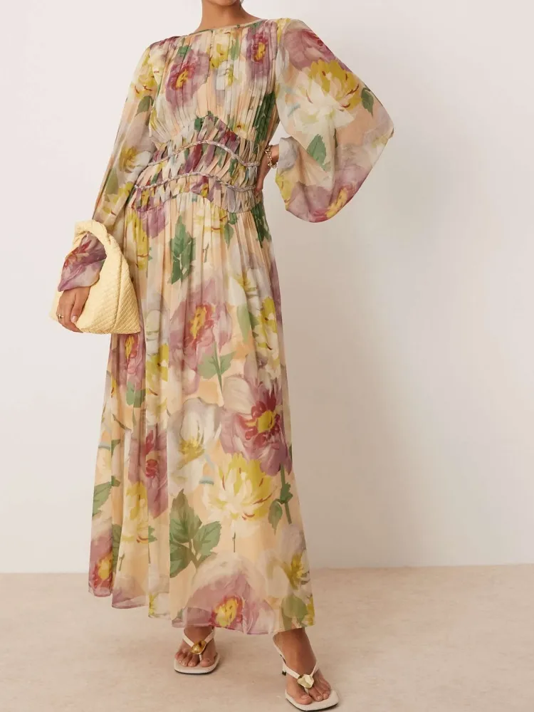 Pleated Floral Boat Neck Dress