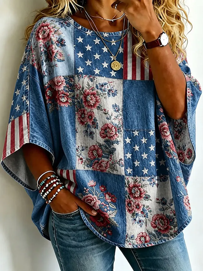 Women's American Flag Floral Vintage Loose T-Shirt
