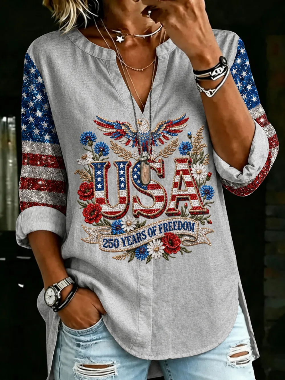 Women'S Retro Independence Day American Flag Notch V-Neck Top