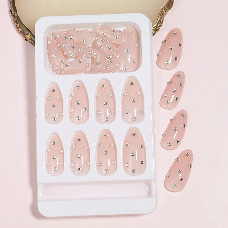 Nailhour 24Pcs Pink 3D Rhinestone Medium Almond Press On Nails