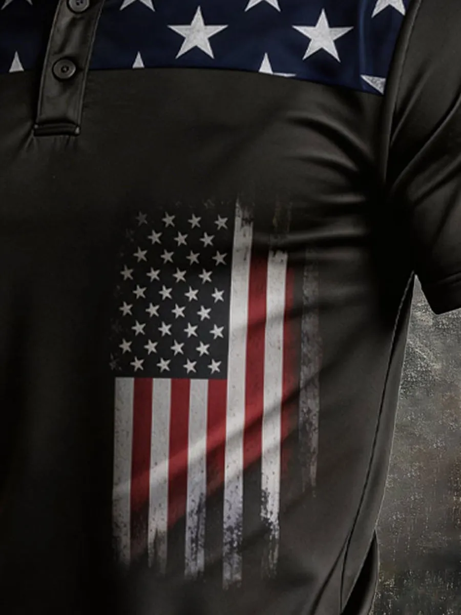 Men'S Retro Patriotic Color-Block Short-Sleeve Polo Shirt