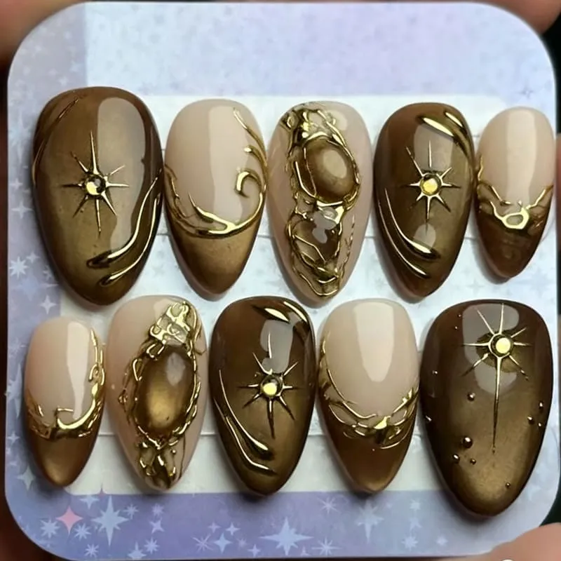 Nailhour 30Pcs Autumn Brown Gilded Medium Almond Press On Nails