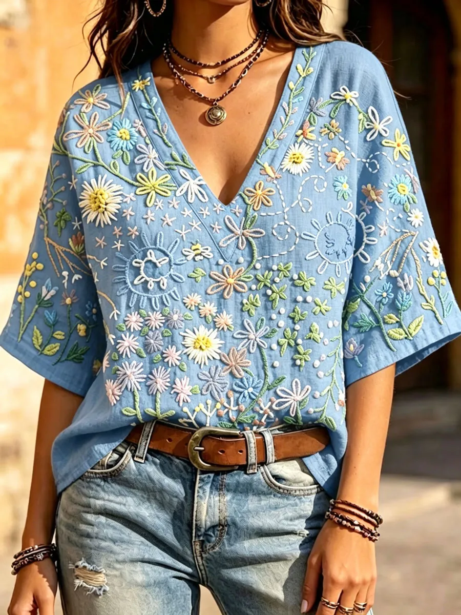 Women'S Vintage  Floral Art V-Neck Top